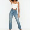 Trendyol Blue Ripped Detailed High Derék Egyenes farmer