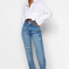 Trendyol Blue Ripped High Waist Long Straight Jeans