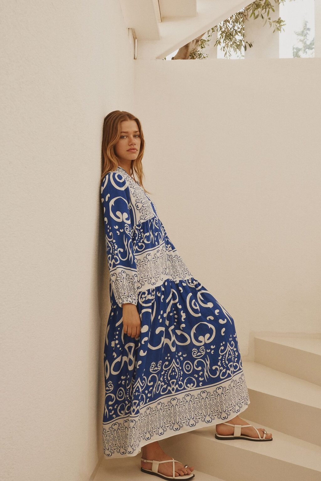 Trendyol Blue Shawl Patterned Button Detailed Woven Dress