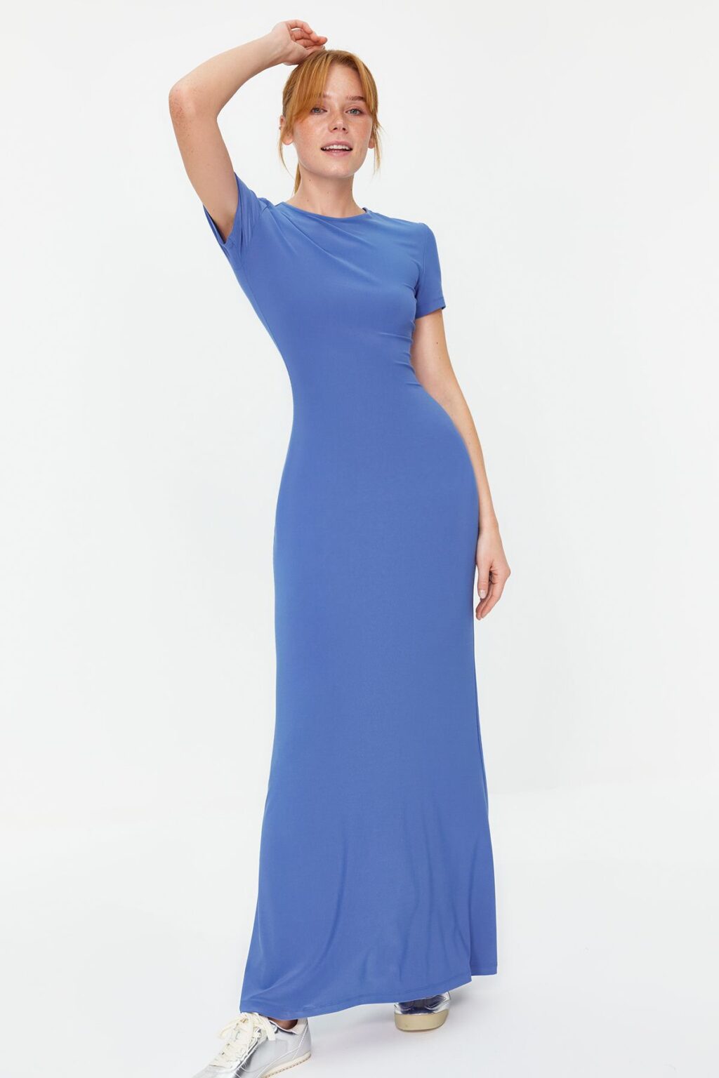 Trendyol Blue Short Sleeve Bodycone/Fitting Crew Neck Stretchy Knitted Maxi Pencil Dress