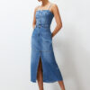 Trendyol Blue Slit Stitch Detail Strappy Maxi Denim Dress