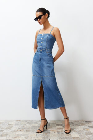 Trendyol Blue Slit Stitch Detail Strappy Maxi Denim Dress