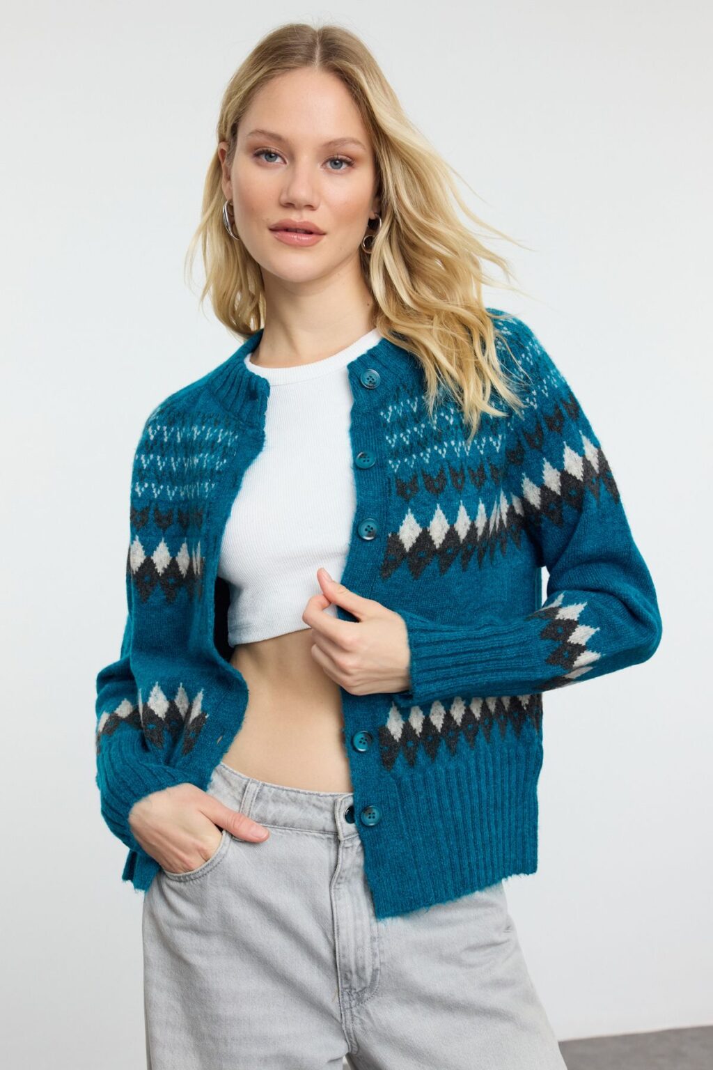 Trendyol Blue Soft Textured Geometric Patterned Knitwear Cardigan
