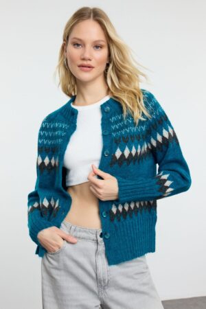 Trendyol Blue Soft Textured Geometric Patterned Knitwear Cardigan