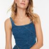 Trendyol Blue Stitching Detailed Strappy Denim Blouse