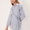 Trendyol Blue Striped Belted Balloon Back Sleeve Long Woven Shirt