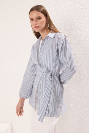 Trendyol Blue Striped Belted Balloon Back Sleeve Long Woven Shirt