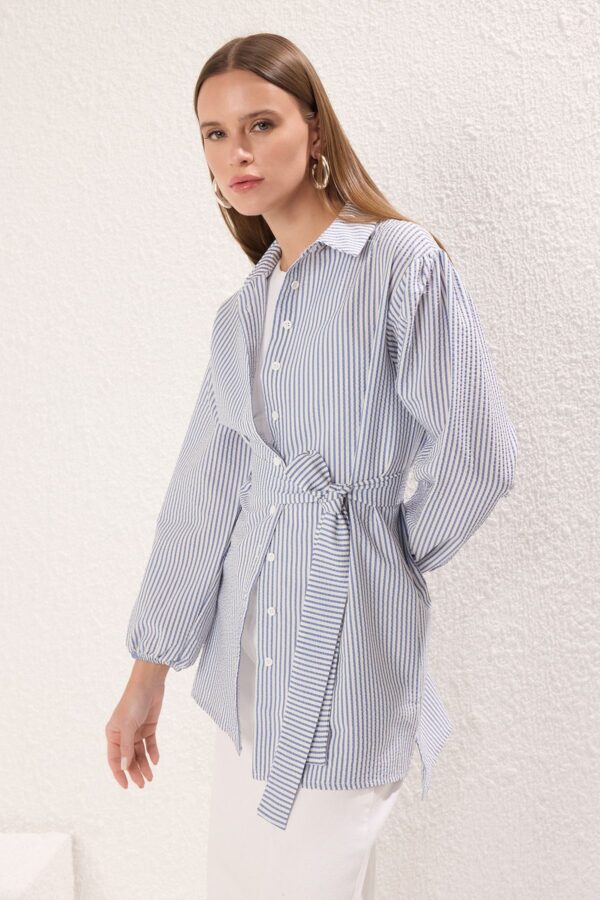 Trendyol Blue Striped Belted Balloon Back Sleeve Long Woven Shirt