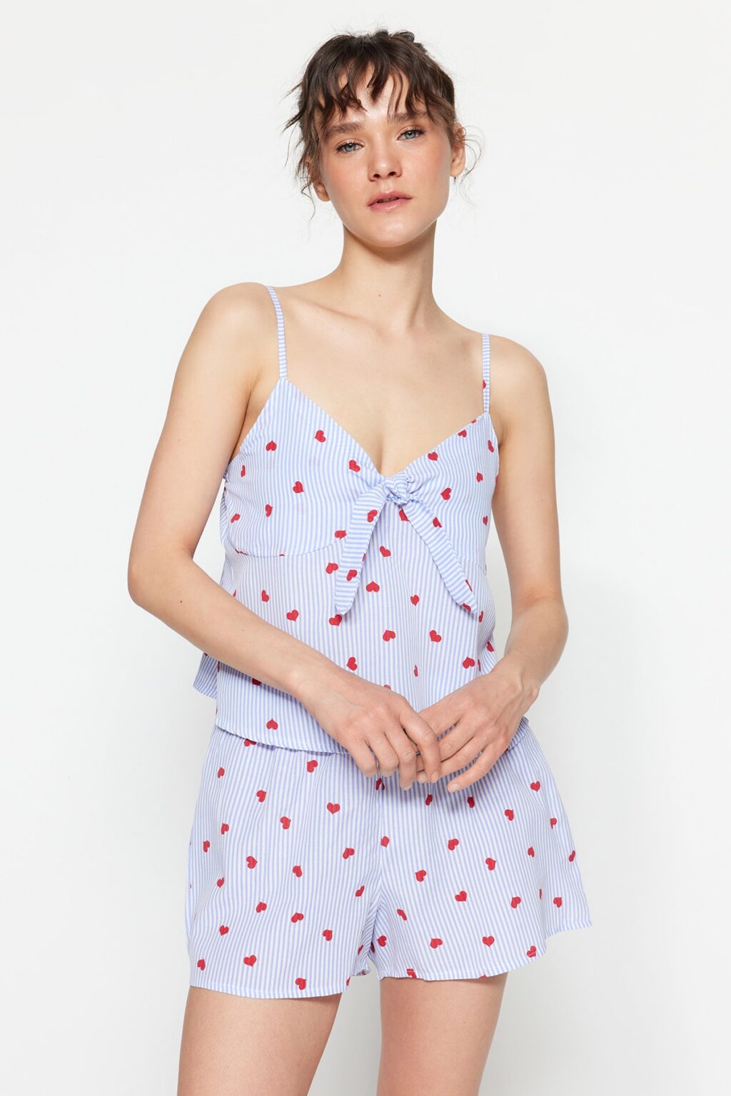 Trendyol Blue Striped Heart Rope Suspender Viscose Shorts Woven Pajama Set