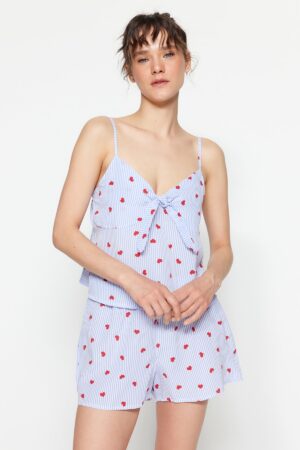 Trendyol Blue Striped Heart Rope Suspender Viscose Shorts Woven Pajama Set