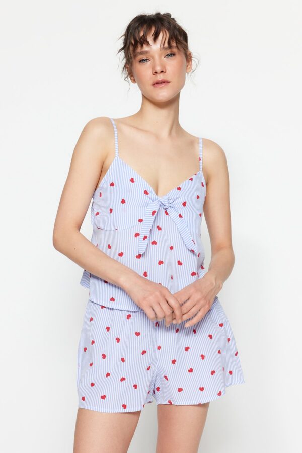 Trendyol Blue Striped Heart Rope Suspender Viscose Shorts Woven Pajama Set