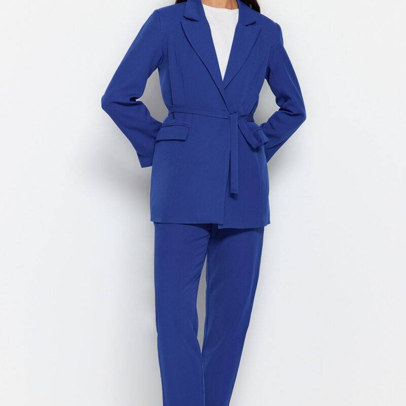 Trendyol Blue Tie Detailed Lined Crepe Jacket-Trousers Woven Two Piece Set