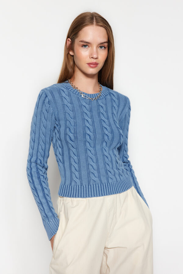 Trendyol Blue Wash Effect hajfonott kötöttáru pulóver