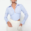Trendyol Blue White Striped Corset Detailed Poplin Shirt