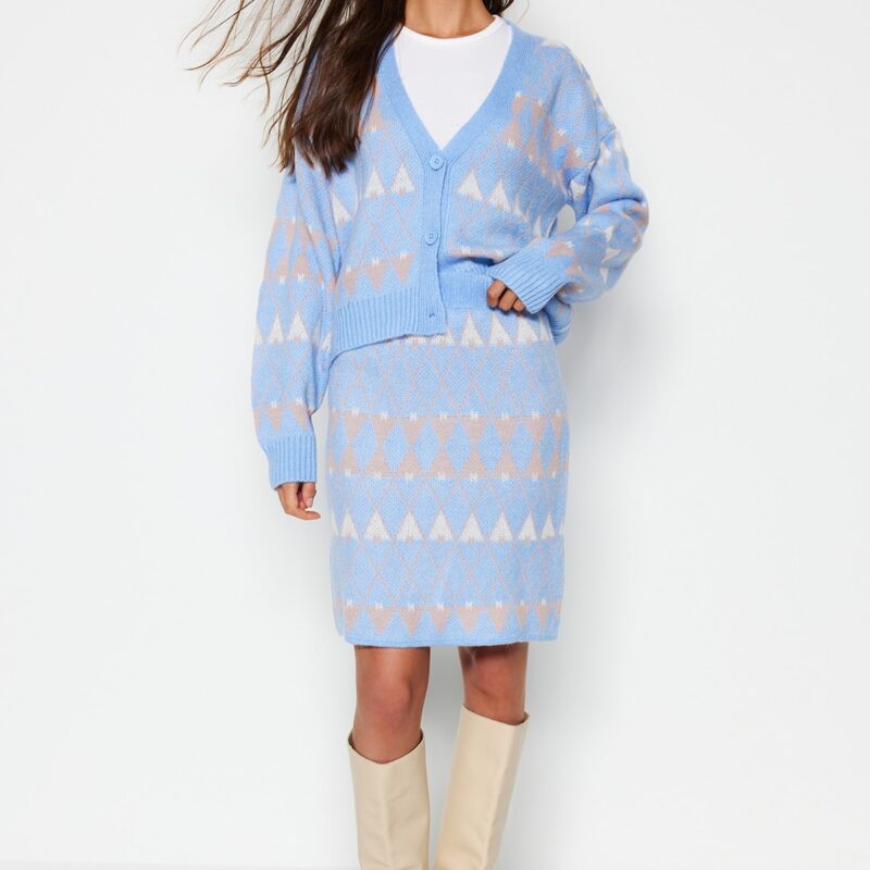 Trendyol Blue Wide Fit Self-Patterned Knitwear Skirt Bottom-Top Set