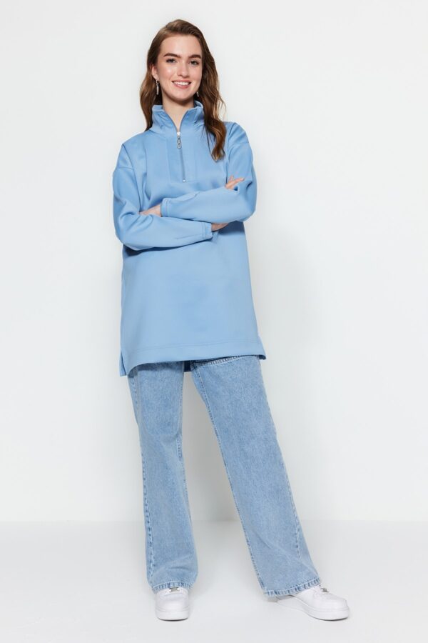 Trendyol Blue Zipper Stand-Up Collar Scuba Knitted Sweatshirt
