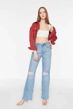 Trendyol Blue szakadt magas derékú széles szárú farmer