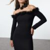 Trendyol Body-fitting Carmen Collar with Otrish Detail Woven Stylish Mini New Year's Eve Evening Dress