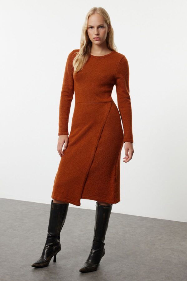 Trendyol Brick Midi Knit Soft Texture Double Breasted Skirt Detail Dress