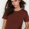 Trendyol Brown 100% Cotton Basic Crew Neck Knitted T-Shirt with Contrast Stitching Detail