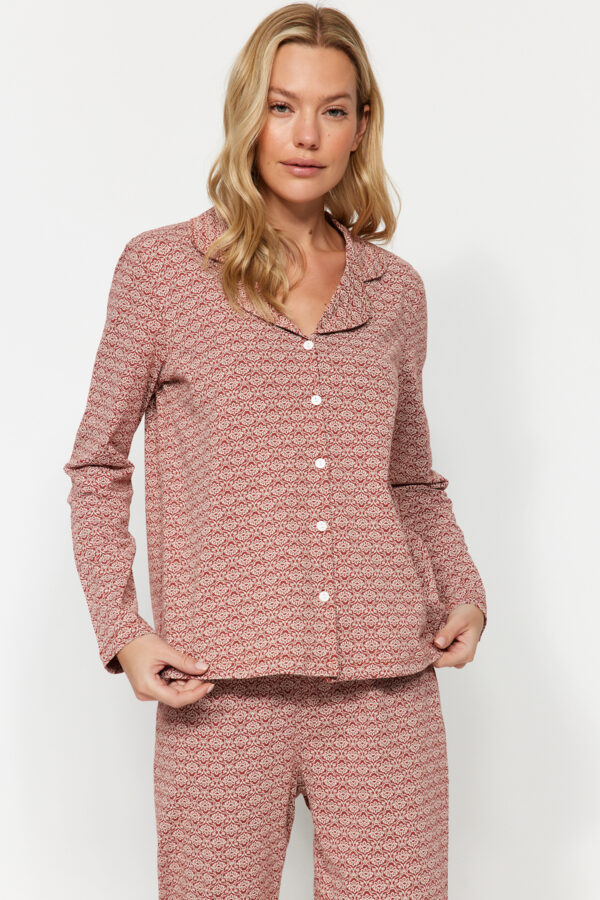 Trendyol Brown 100% Cotton Ethnic Patterned Shirt-Pants Knitted Pajamas Set