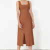 Trendyol Brown A-Line Square Neck Slit Strap Midi Woven Dress