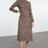 Trendyol Brown Animal Pattern Collar Drape Detailed A-Line Midi Woven Dress