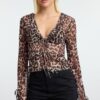 Trendyol Brown Animal Patterned Tie and Ruffle Detailed Regular/Normal Fit Knitted Blouse