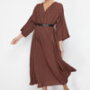 Trendyol Brown Belted A-line Double Breasted Collar Aerobin Midi Woven Dress