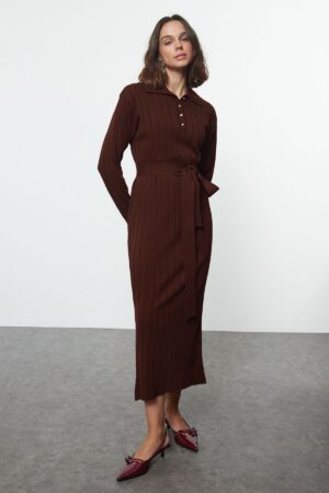 Trendyol Brown Belted Buttoned Polo Collar Knitwear Corduroy Sweater Dress