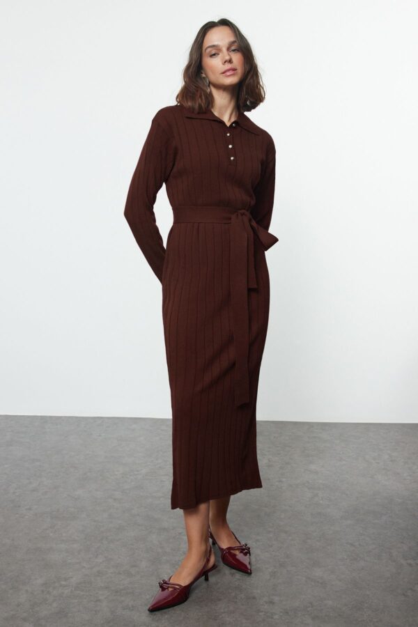 Trendyol Brown Belted Buttoned Polo Collar Knitwear Corduroy Sweater Dress