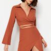 Trendyol Brown Belted Knitted Tie Blouse and Skirt Set