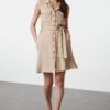 Trendyol Brown Belted Linen Look Mini Woven Shirt Dress