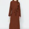 Trendyol Brown Belted Woven Crinkle Dress