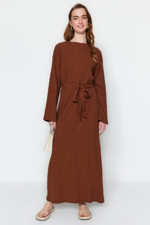 Trendyol Brown Belted Woven Crinkle Dress