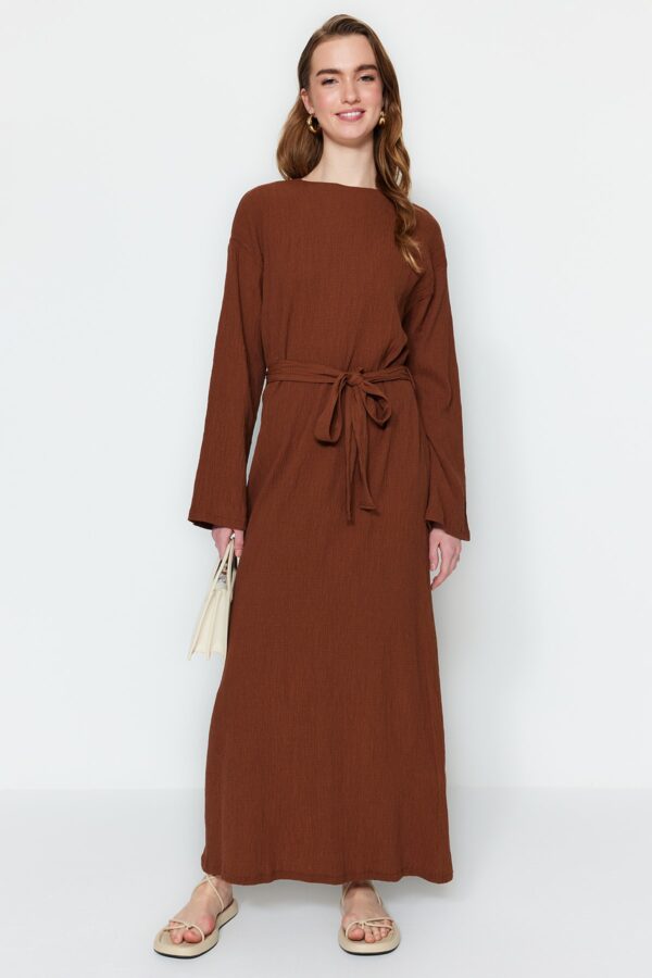 Trendyol Brown Belted Woven Crinkle Dress