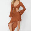 Trendyol Brown Body-Smoothing Woven Ruffle Blouse Beach Skirt Set