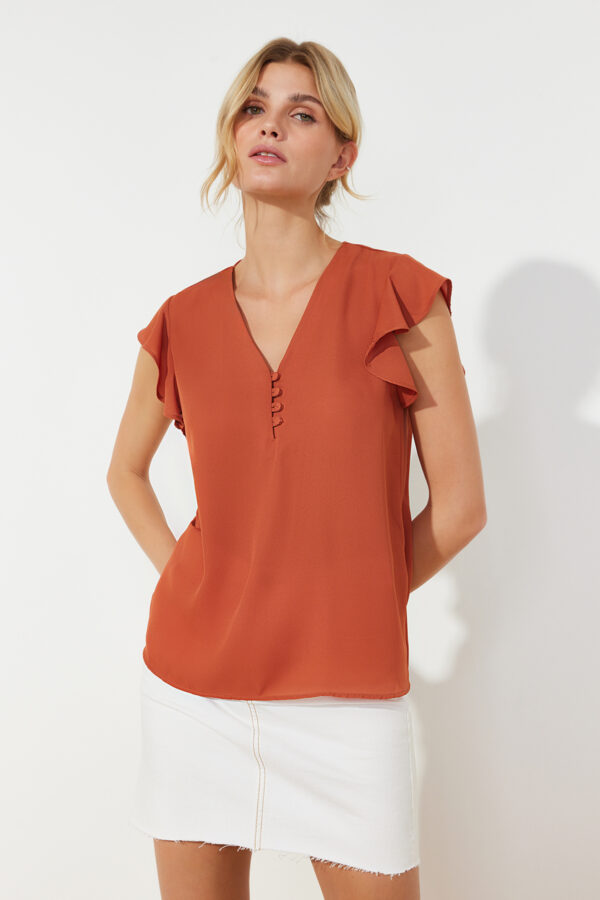 Trendyol Brown Button Detailed Flowy Semi-Sheer Woven Blouse