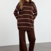 Trendyol Brown Comfortable Striped Knitwear Bottom-Top Set