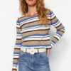 Trendyol Brown Crop Color Block kötöttáru pulóver