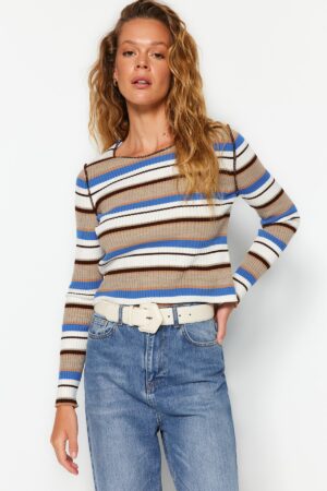 Trendyol Brown Crop Color Block kötöttáru pulóver