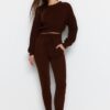 Trendyol Brown Crop Crew Neck Knitwear Bottom-Top Set
