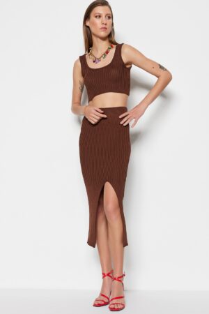 Trendyol Brown Crop Knitwear Slit Detailed Two Piece Set