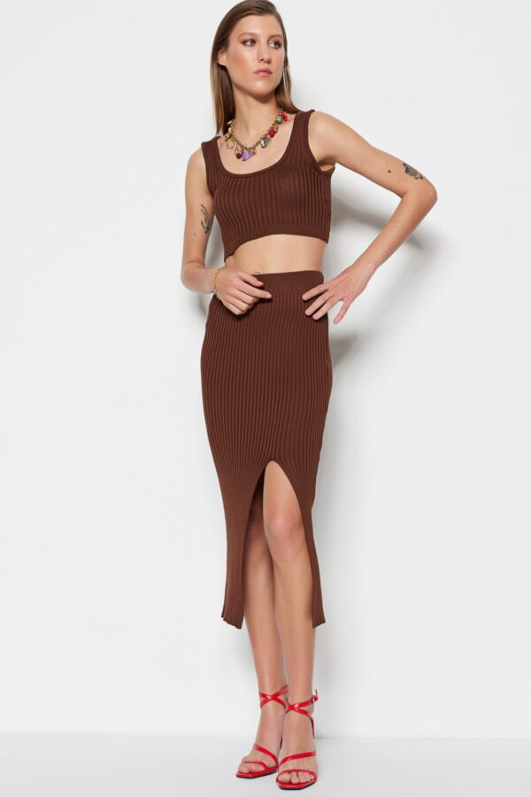 Trendyol Brown Crop Knitwear Slit Detailed Two Piece Set