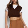 Trendyol Brown Crop V nyaki kötöttáru pulóver