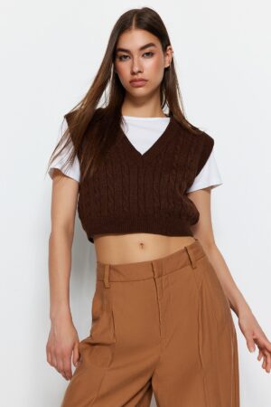 Trendyol Brown Crop V nyaki kötöttáru pulóver Trendyol Brown Crop V nyaki kötöttáru pulóver