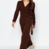Trendyol Brown Crop Wide Pattern Double Breasted Tie Detailed Knitwear Top-Bottom Set