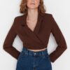 Trendyol Brown Crop Woven Lined Double Breasted Closure Blazer Jacket