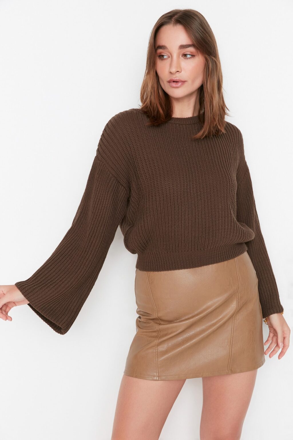 Trendyol Brown Crop spanyol ujjú kötöttáru pulóver