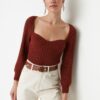 Trendyol Brown Crop szív nyakú kötöttáru pulóver